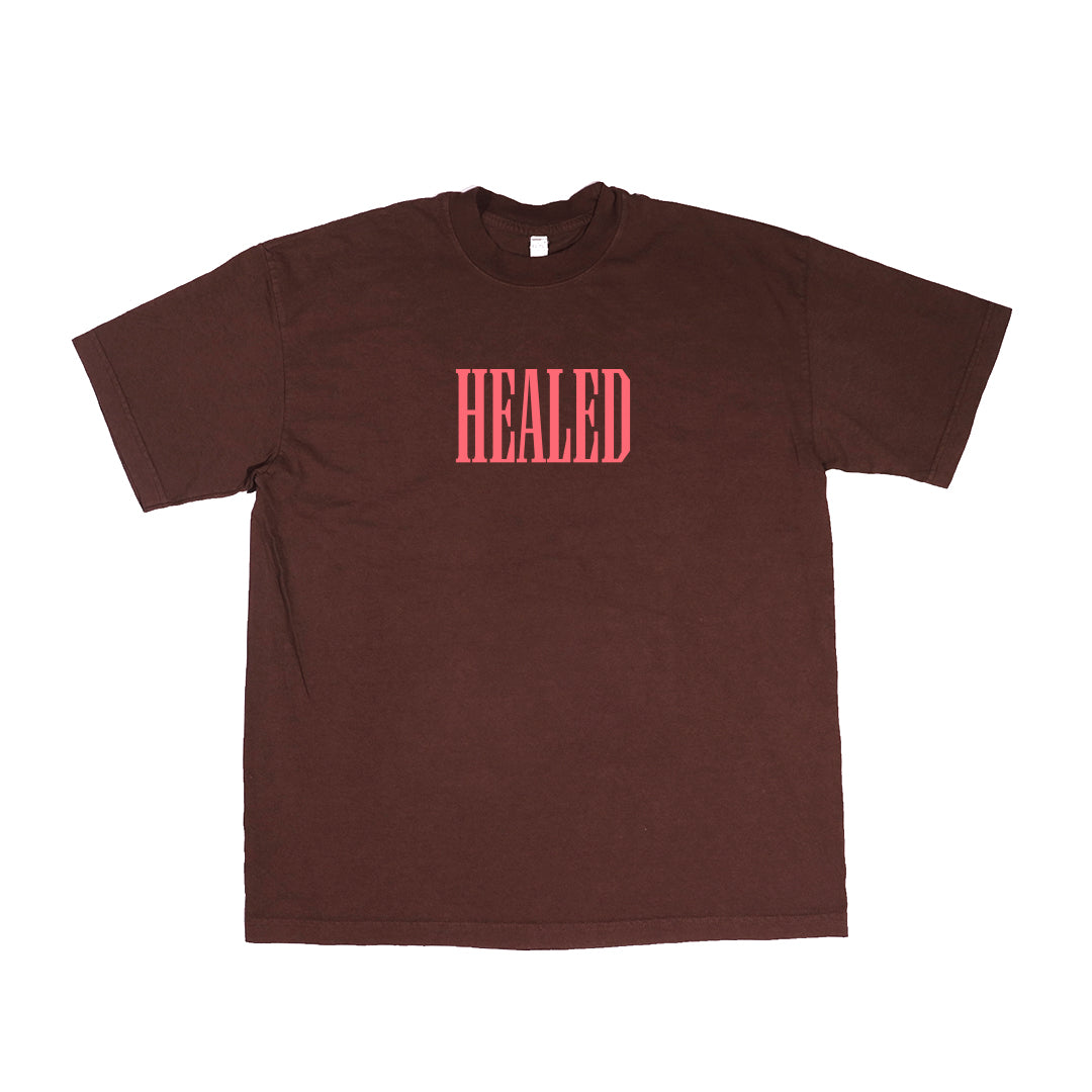 Chocolate Brown t-shirt with a coral colored print that says "HEALED" across the front.